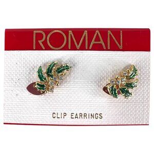 Roman Christmas Clip On Earrings Holly Berry Gold Tone Green Enamel Rhinestone